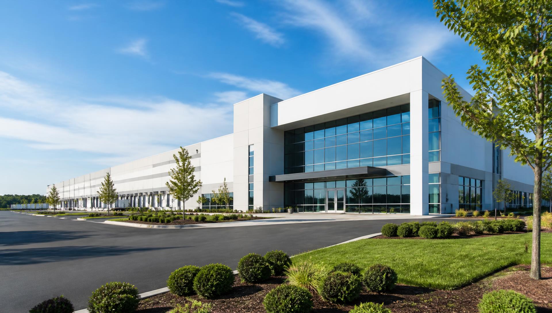 Modern logistics and office campus in bright morning light